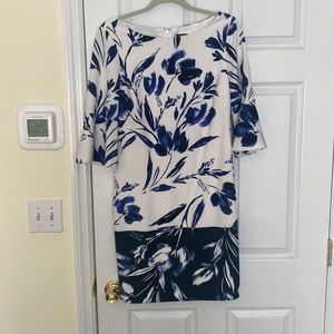 Blue and white print Vince Camputo boatneck dress with beautiful bell sleeves